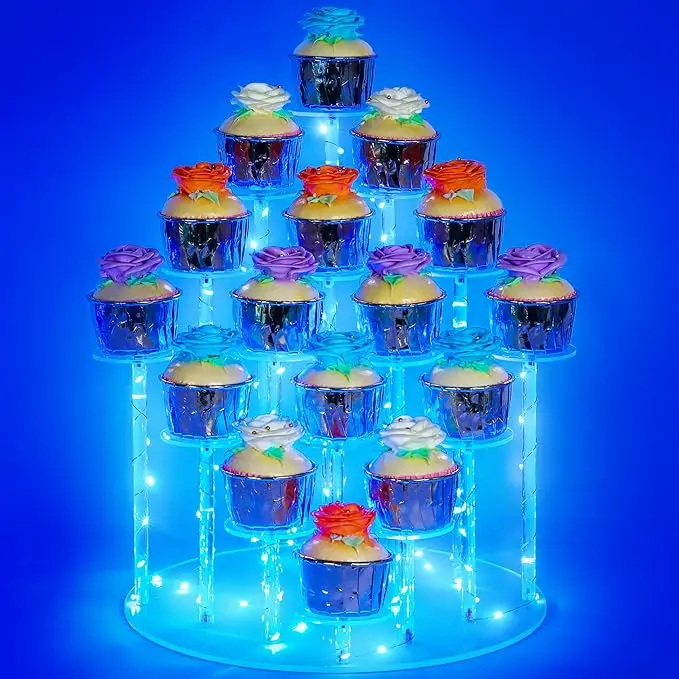 Acrylic Round Cupcake Holder - 16-Capacity, Blue Light-Equipped Tiered Display, Cake Stands for Party, Wedding Dessert Table Decor (Home & Festive Party Supplies), Cupcake Holders