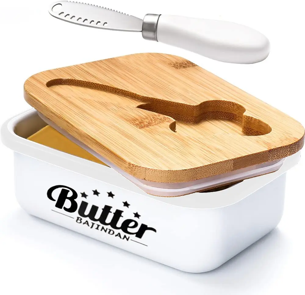 Farmhouse Style Stainless Steel Butter Dish with Lid, Curler Knife, Ceramic Body, Double Silicone Sealing, Leakproof Seal - Unbreakable Kitchen Utensils for Countertop Decor