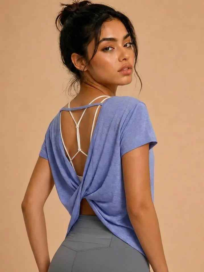 VARSIA Women's Soft Pilates Yoga Sports Top, Short Sleeve Comfortable Daily Solid Color Backless Twist T-Shirt