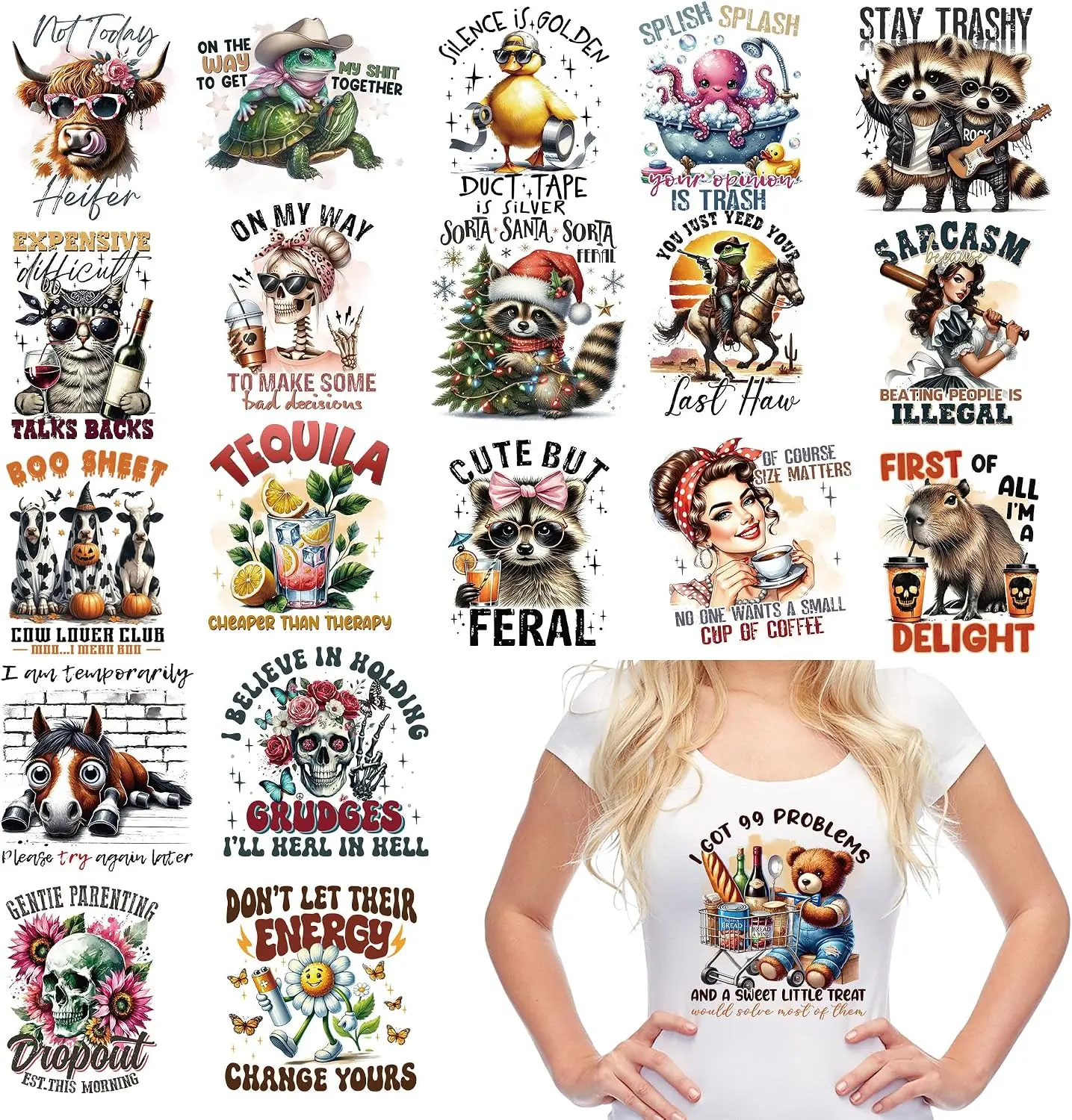 20 Sheets Funny Sarcastic Iron on Transfers for T-Shirts, Sarcasm DTF Transfers Ready to Press Heat Transfers Vinyl, Iron on Patches Decals for Clothing Backpack Bag Pillow Covers DIY Crafts