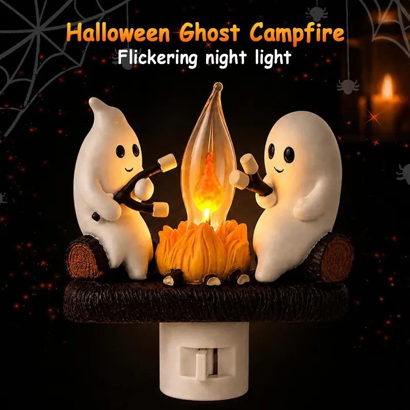 Halloween Ghost Campfire Night Light, 3D Plug In Flickering Flame Lamp with Cute Ghost Fire Scene, Spooky Ambient Decor Light for Bedroom, Living Room, Hallway, Party Indoor Decorations & Halloween  Gift for Kids and Adults