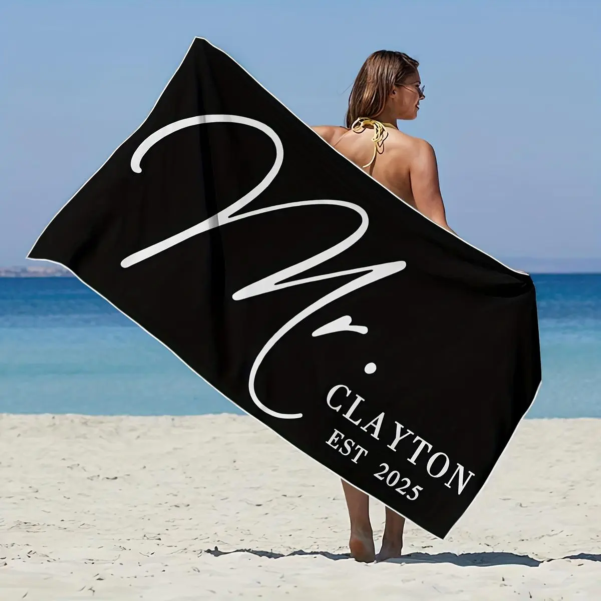 Personalized Customized 1pc Digital Print Mr. And Mrs. Custom Beach Towel Personalized Gifts, Adult Swimming Absorbent Bath Towel Microfiber Beach Quick-Dry Towel Birthday Gift Holiday Gift Suitable for Beach Swimming Outdoor Camping Travel