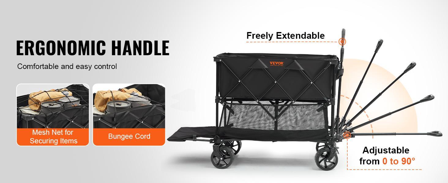 VEVOR Foldable Double Decker Wagon, TikTokShopBlackFriday, 400L Collapsible Wagon Cart with All-Terrain Wheels, Heavy Duty Folding Wagon Cart 350 lbs Weight Capacity for Camping, Shopping, Garden, 52" Extra Long Extender Outdoor Picnic Storage