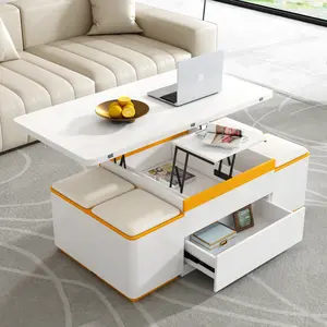 VIBE HAUS  Lift-Top Coffee Table with 4 Storage Stools, Modern Space Saving Center Table with Foldable Top, Multi-Functional Adjustable Coffee Table for Living Room