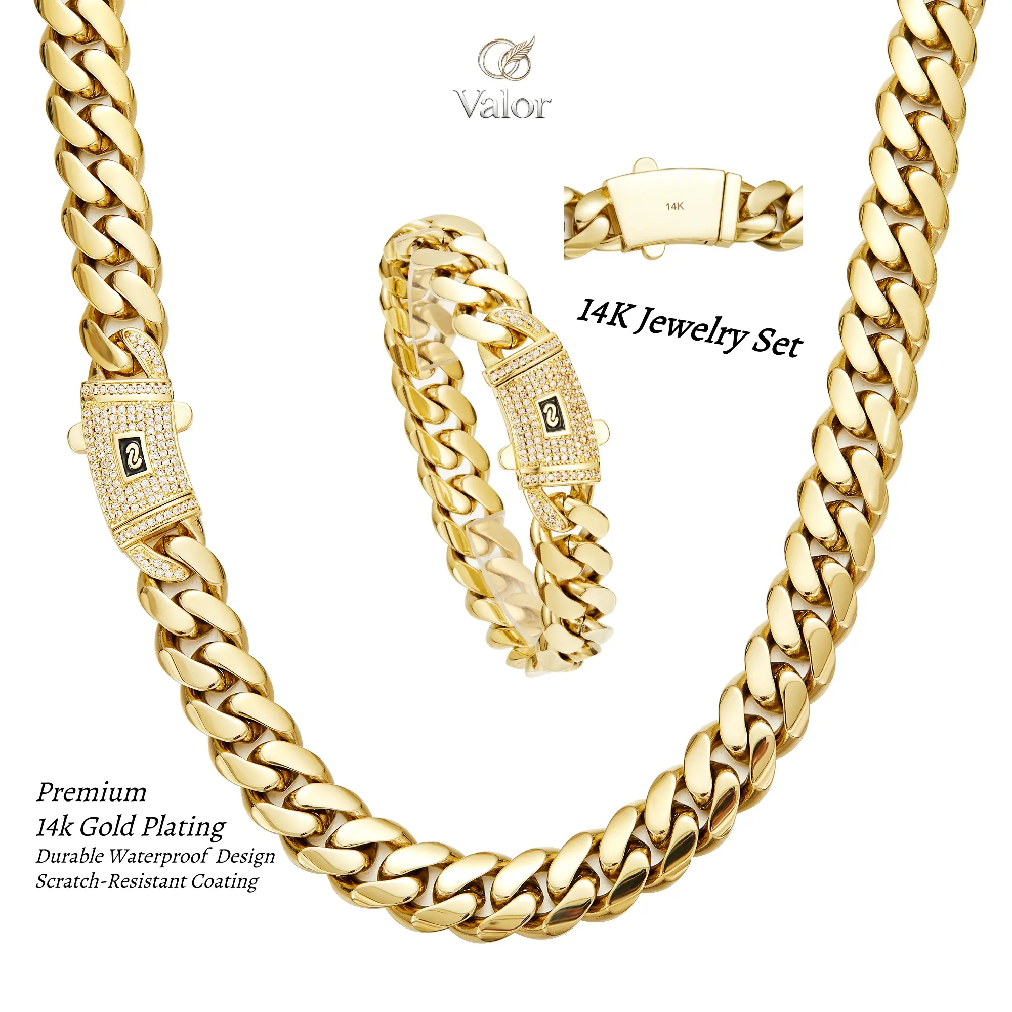 [Set] 14K Real Gold-Plated Cuban Necklace & Bracelet Miami Thick Stainless Steel Chain and Diamond Clasp New Anti-Rust Technology Comfortable to Wear and Non-Allergic Waterproof Sweatproof Timeless Shine The bestgift for men