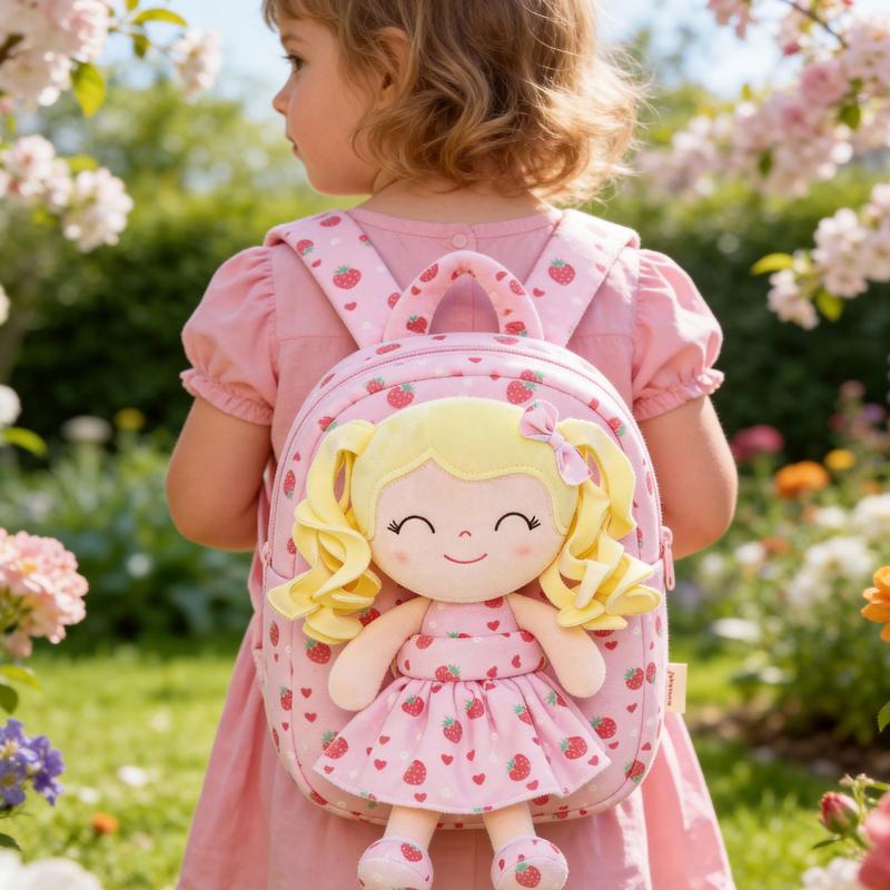 Gloveleya Strawberry Fruit Doll Backpack - 9" Soft Plush Toy Bag with Removable Berry Girl, 2-in-1 Toddler Backpack for Ages 2-4, Sweet Birthday & Valentine's Day Gift for Girls