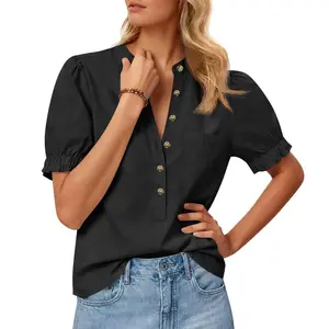 Cicy Bell Womens Puff Short Sleeve Blouses Summer Casual Half Button Down Collared Shirts Cotton Loose Fit Work Tops