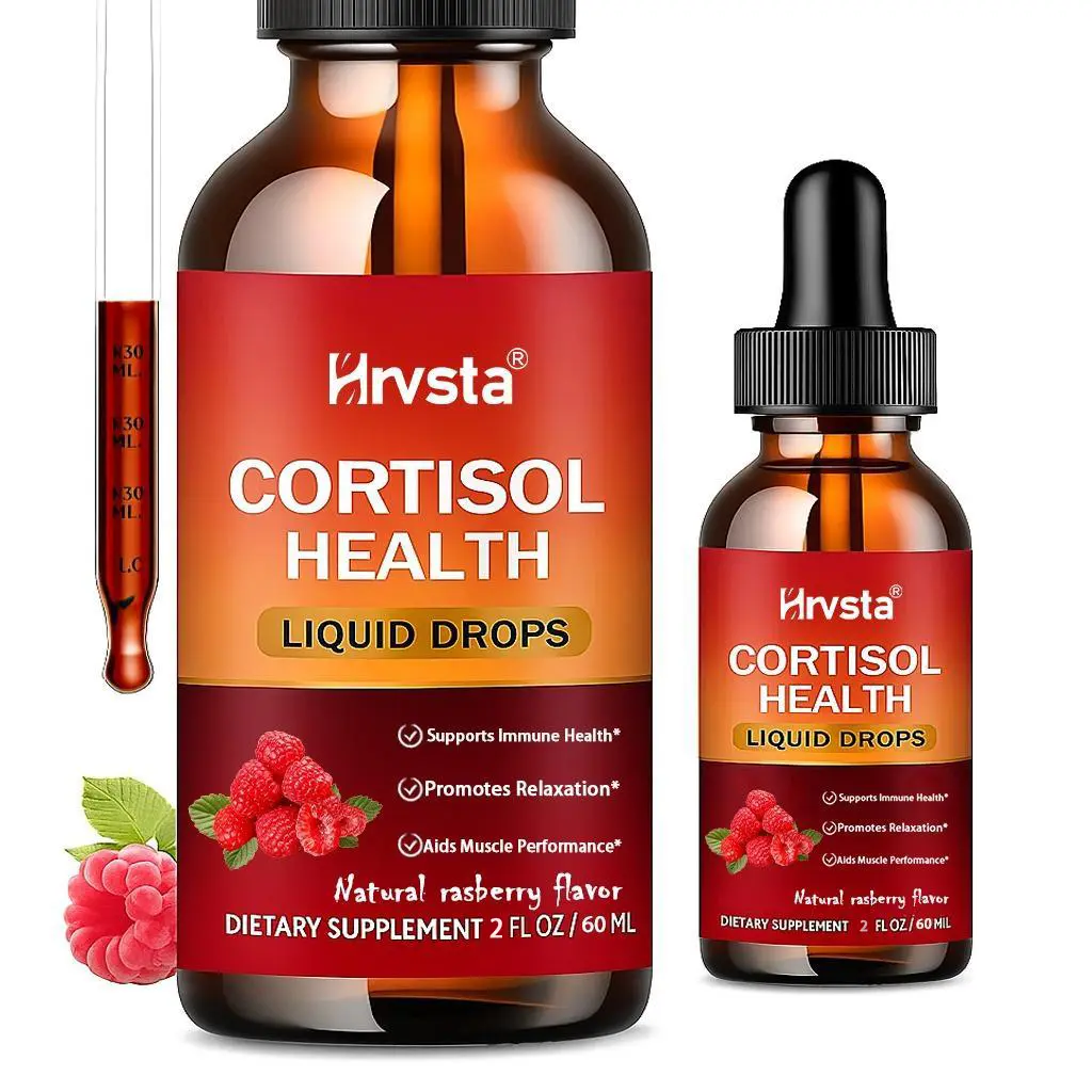 Cortisol Support Healthcare Vitamin Liquid Drops 2-Pack (1 Fl Oz Each) - Dairy-Free Essential Minerals Supplement Stack, Magnesium Complex, Rhodiola Rosea, L-Theanine, Ashwagandha, Natural Raspberry Flavor, Daily Health Bundle Hormone Aid
