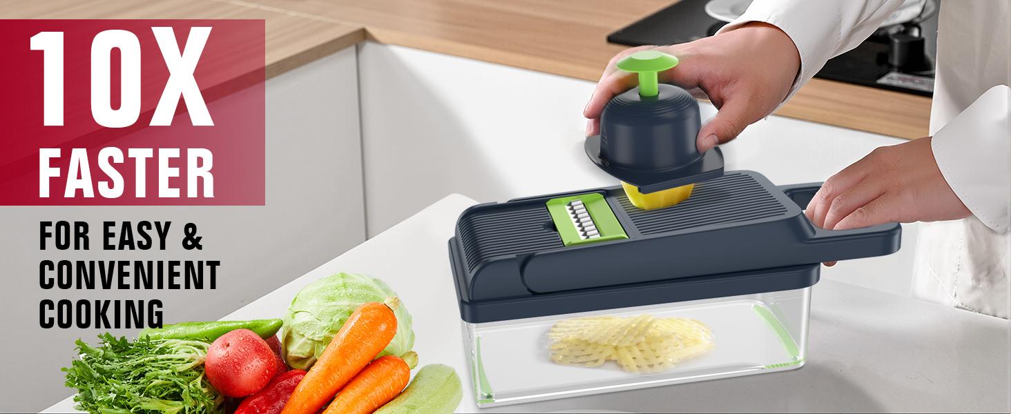 HOMEHACKS Vegetable Chopper,14-in-1 Multifunctional Food Chopper,Professional Onion Chopper with 7 Blades,Vegetable Cutter with Container for Salad,Potato,Carrot,and Garlic; Essential Kitchen Tool