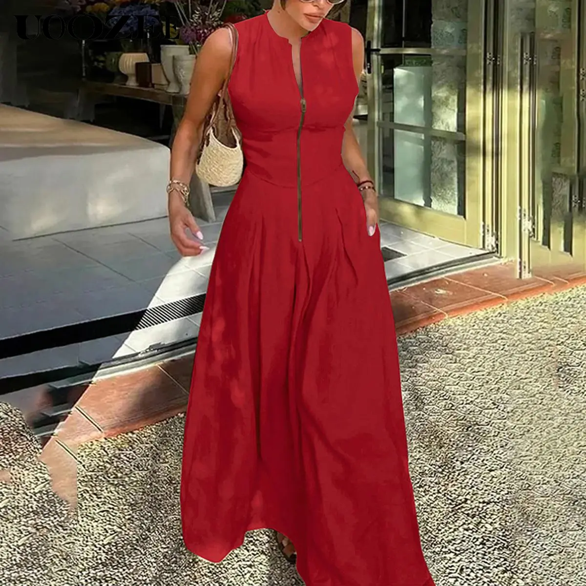 UOOZEE Women's Elegant A-Line Maxi Dress, Minimalist Casual Loose Fit Sleeveless Pleated Gown with Pockets and Slit, Maxi Dress For Women, Women's Dresses