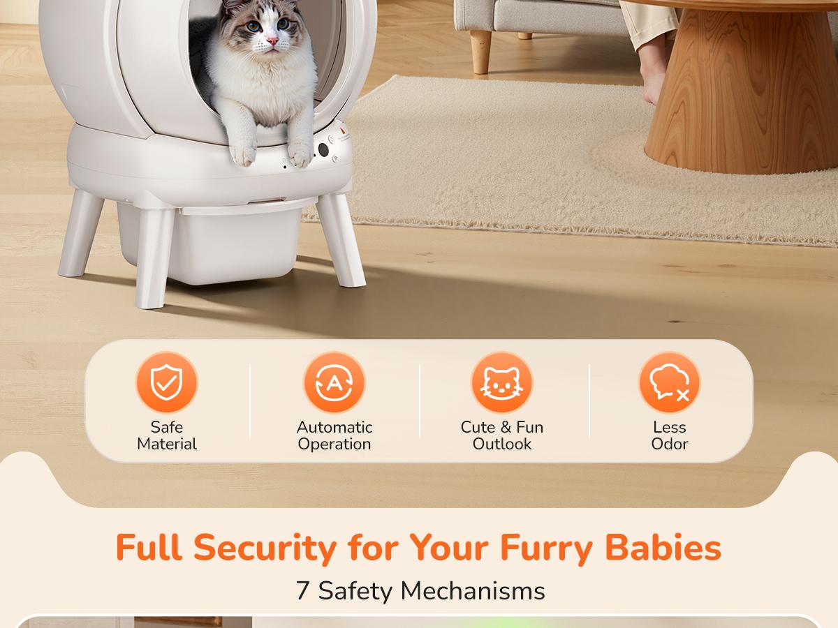 Furrykiddy Automatic Self Cleaning Litter Box, Cat Litter Box with APP Control, 65L Globe & Dual Safety Sensors, Robot Litter Box, 1 Roll Garbage Bags and Litter Mat, <35DB, for Multiple Cats