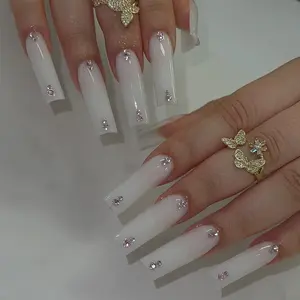 Milky White Long Tapered Square Diamond Press On Nails