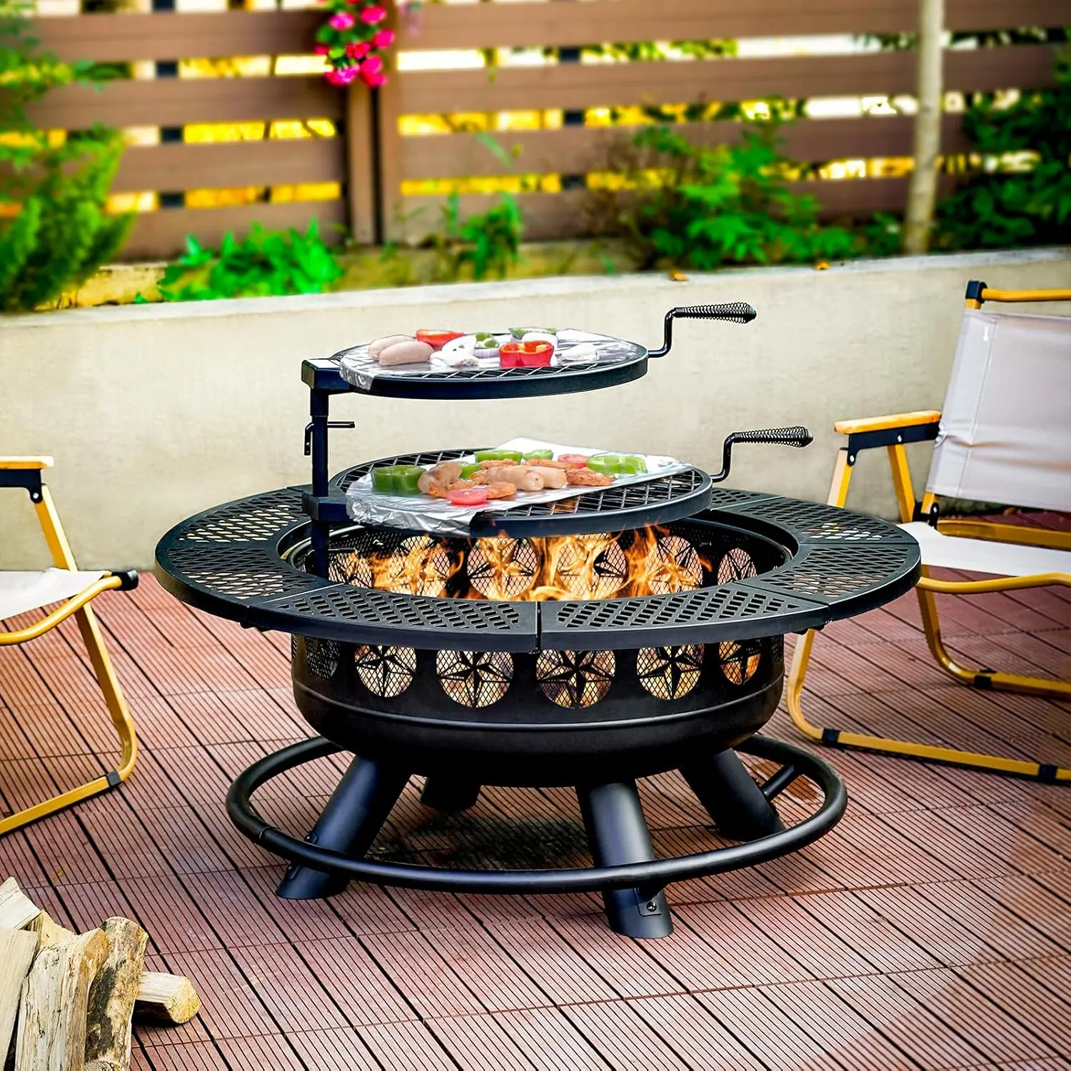 Black Round 36-42-Inch 3-in-1 Iron Steel Outdoor Fire Pits Set, Metal Firepit Stove with 2 Cooking Grills & Lid for Backyard, Patio Bonfire