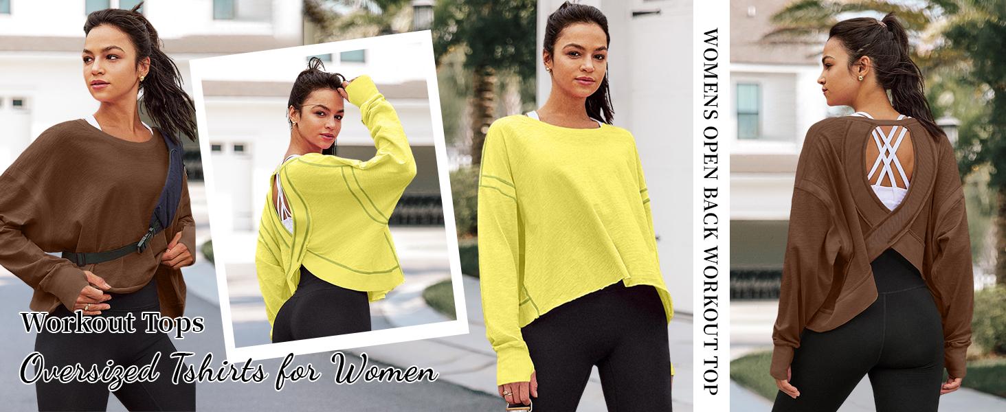 WoodBerry Women's Open Back Workout Top Long Sleeve Athletic Shirts Casual Yoga Y2k Athletic Gym Slouchy Crop Running Tees