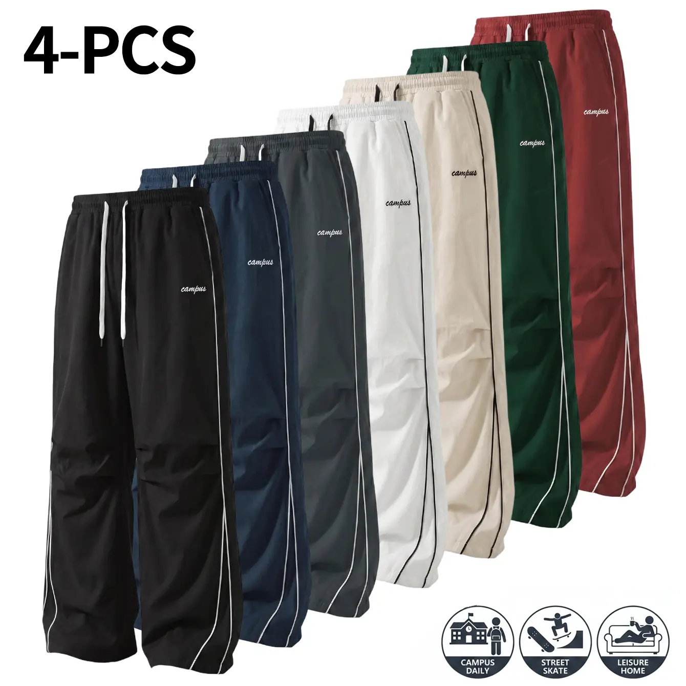 4-Pack American High Street Style Men’s Athletic Joggers – Comfortable, skin-friendly fabric men’s wide-leg pants featuring side seams and exposed stitching, plus knee pleats for a relaxed, effortless look; suitable for both men and women and ideal for an