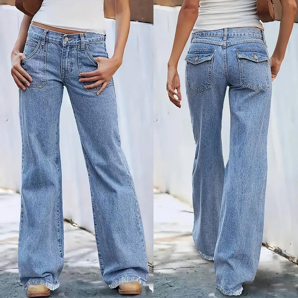 2026 Spring and Summer New Vintage Frayed Hem Wide-Leg Jeans Loose Fit with Large Pockets Women's Fashionable Comfortable Denim