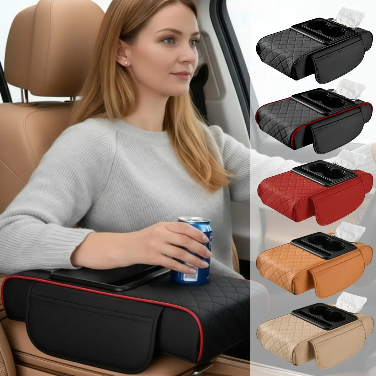 2026 New 5-in-1 Car Armrest Cushion - Car Accessories, Memory Cotton PU Leather Center Console Cover with Cup Holder, Phone Mount, Storage Bags, Tissue Box Slot, 13.7x8.27x3in Universal for SUV Truck Pickup, 5-In-1 Design