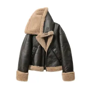 2025 Autumn Winter Women's Thickened Warm Double-Sided Short Jacket Brown Coat All Seasons Fitted Long Sleeve Outerwear Casual Polyester Tops