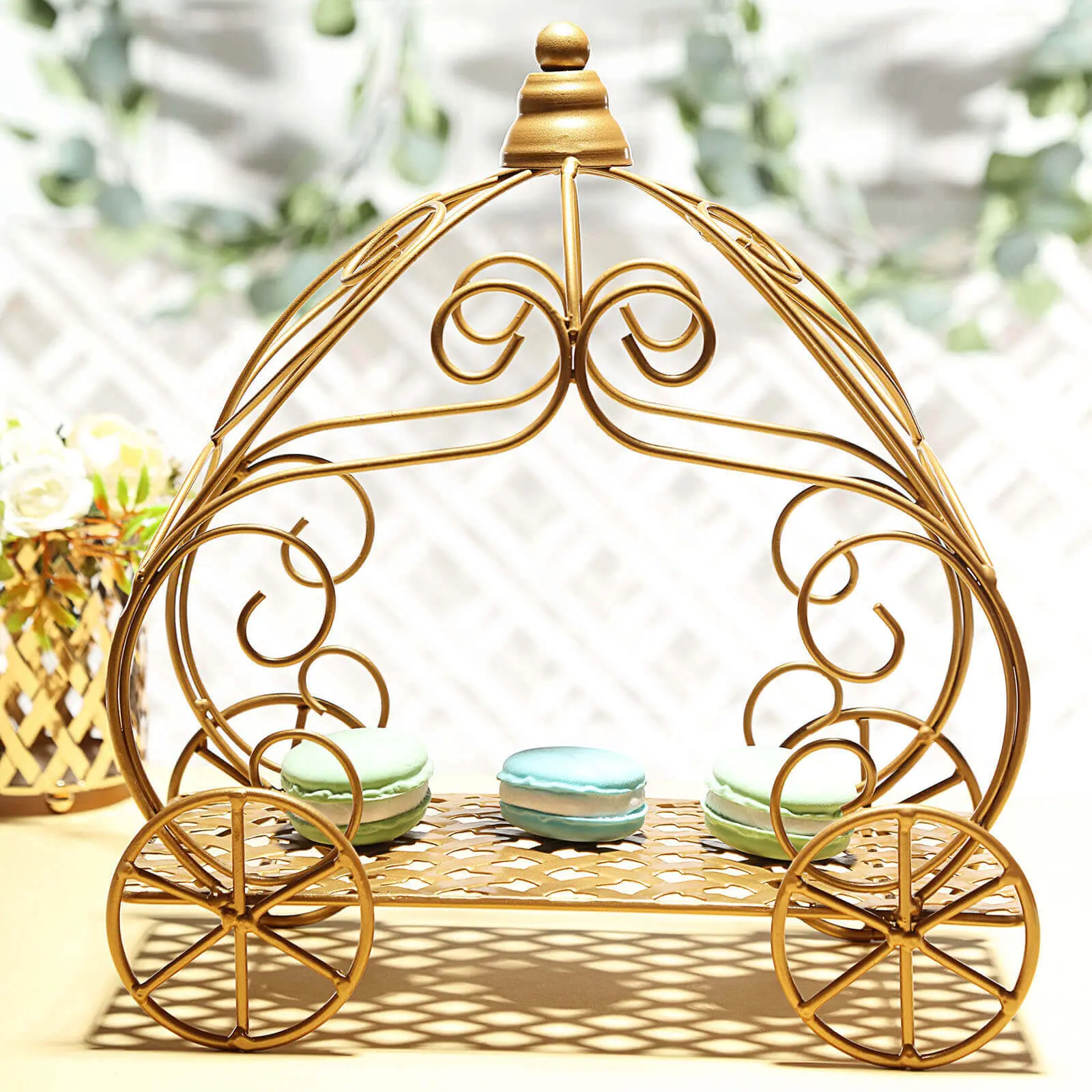 11" Gold Iron Art Cinderella Pumpkin Carriage - Elegant Fairy-Tale Center Metal Decoration for Rustic Weddings, Home & Festive Party Supplies