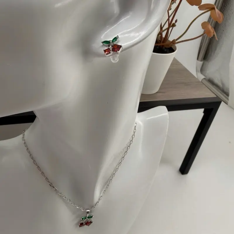 (Iset) Silver Cherry Set for Women with Necklace and Earrings Elegant Jewelry Gift