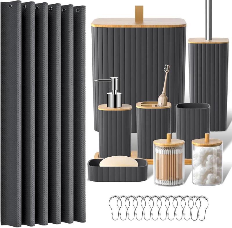 Black Bathroom Set with Shower Curtain, Trash Can, Toilet Brush Holder, Soap Dispenser, and More, Modern Bathroom Accessories