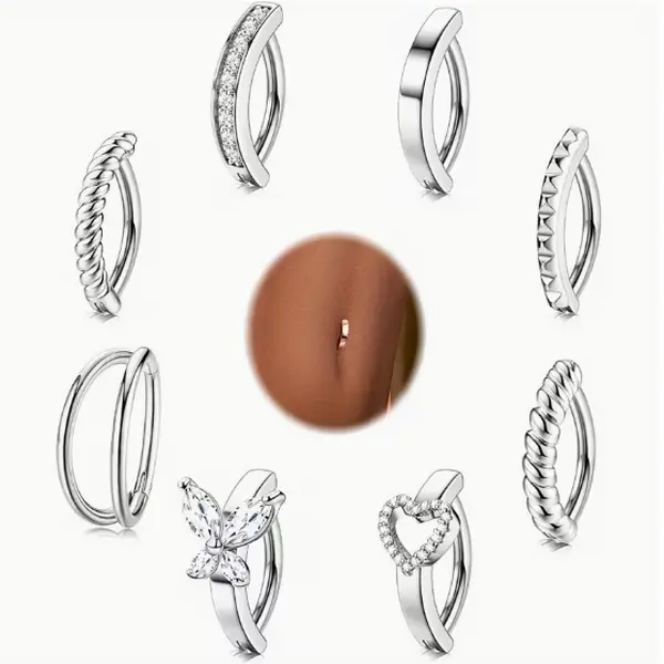 8-Piece CZ Belly Button Rings for Women, Heart & Butterfly Clicker Navel Piercing, Minimalist Reverse & Double Hoop Barbells for Anniversary, Valentine's Day