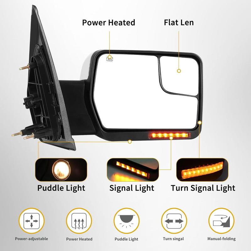 YITAMOTOR Power Heated Driver & Passenger Side Mirrors Car Accessories for 2007-2013 Ford F150 - Chrome Finish, Puddle Light Turn Signal, Enhanced Visibility