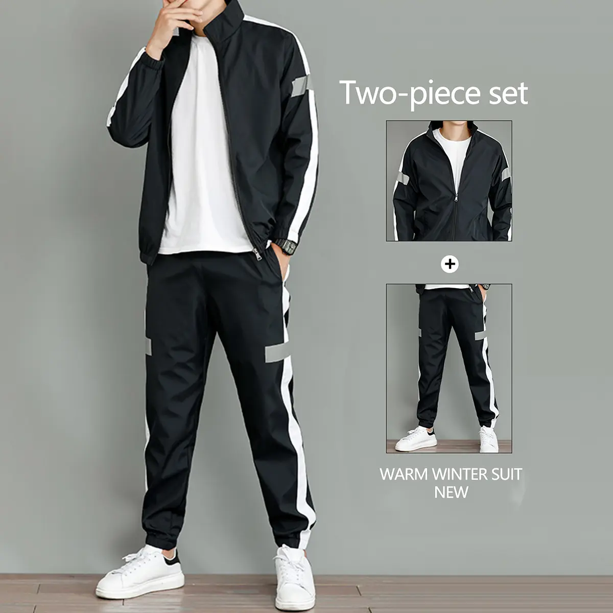 Men's 2-Piece Casual Athleisure Wear Set - Sporty Chic Color-Block Stand Collar Fitted Cut Activewear Shirt, Reflective Stripes, Breathable Windproof Quick-Dry Polyester, Ideal Basics Gift for Sport Enthusiasts, Mensfashion, Colorblock