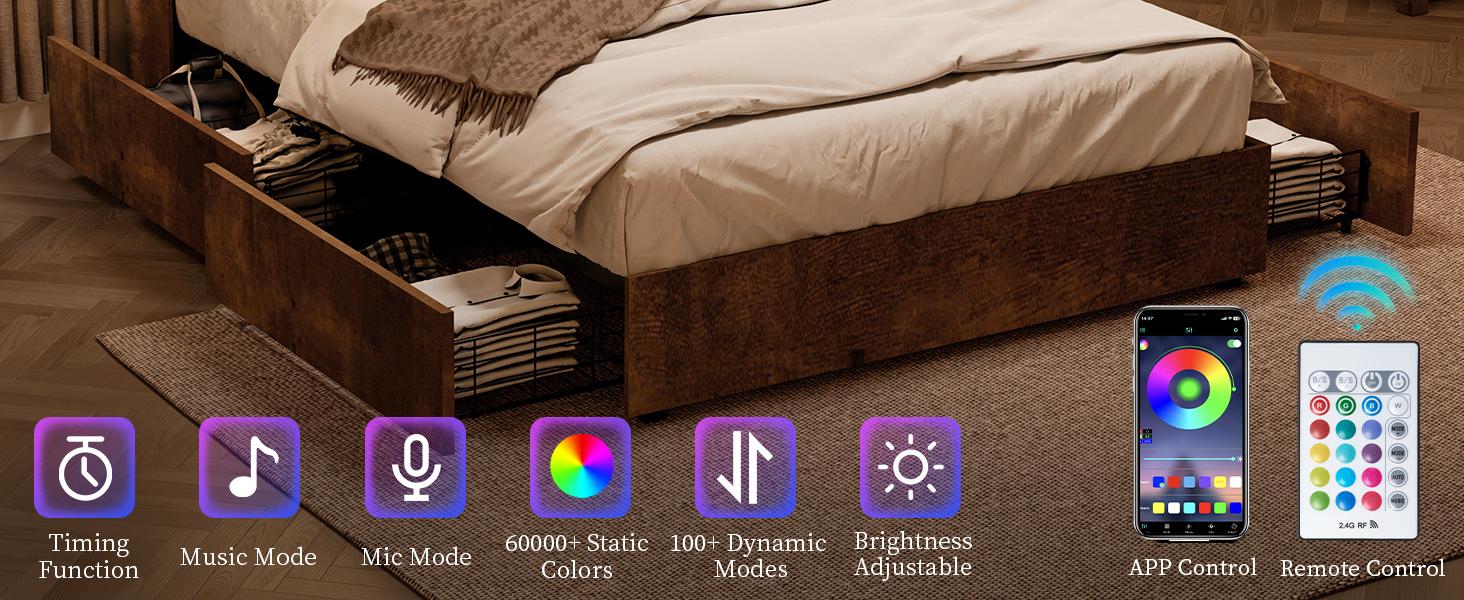 AMERLIFE Full/Queen/King Size Bed Frame with Storage Bookshelf Headboard, Industrial Wooden Bed Frame with Charging Station & 4 Drawers, No Box Spring Needed/Luxury Bedroom Furniture