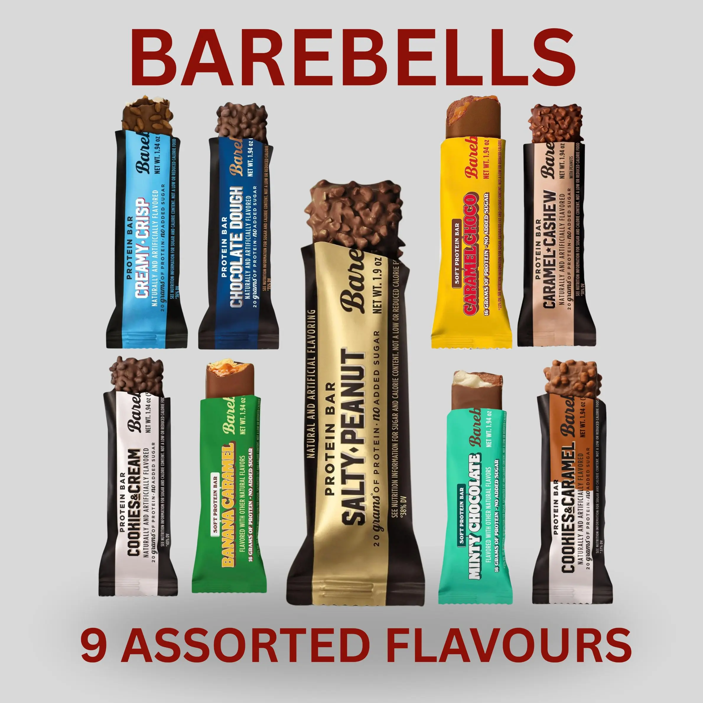BareBells Protein Bars - 1 Each of 9 Assorted Flavours (Chocolate Dough, Banana Sweet, Rich Choco, Minty Chocolate Cookies, Salty Peanuts, Creamy Crisp, Cookies and Cream, Cashew) - Healthy Snack, Nutrition Bar, Healthy Snacks