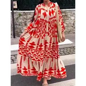 Women's All Over Geometric Print Flounce Sleeve?Vintage?Dress, Soft Satin Casual Boho Buttons Notched Neck Long Dress, Women's Clothing for Beach Holiday Vacation, Moo Moo Dresses