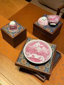 Ceramic Three-Piece Ruby Red Intricate Craft "Visiting a Friend in the Snow" Set
