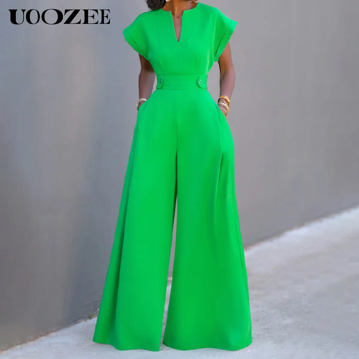 UOOZEE Women's Green Cap Sleeve Wide Leg Jumpsuit - Fitted Polyester Overall with V-Neckline - Chic & Elegant Style (the size is one size smaller,it is recommended to order a size larger) Elegant Shortsleeve, Minimalist, Elegance