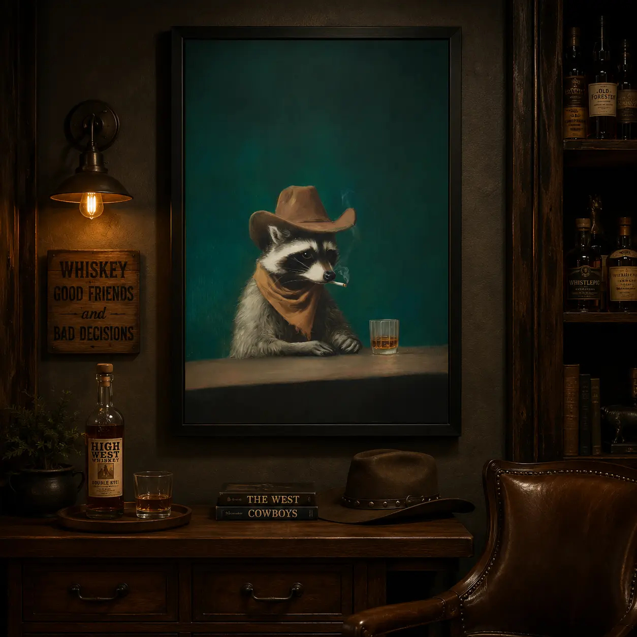Funny Western Cowboy Raccoon Drinking Whiskey Framed Poster, Dark Academia Vintage Animal Wall Art Gift For Cowboy Fans Unique Western Decor For Game Room Basement Pub