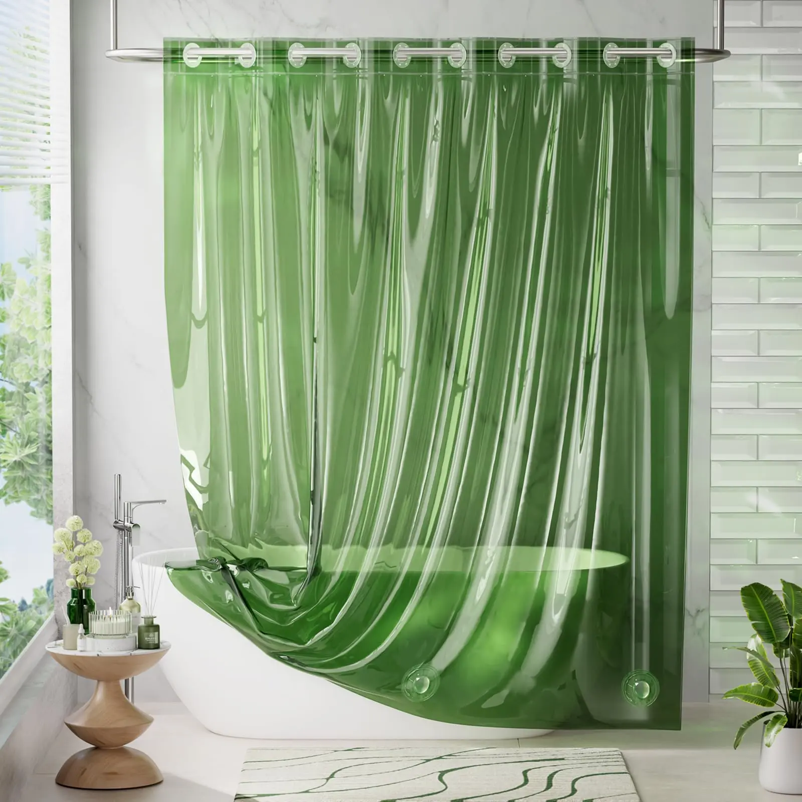 AmazerBath No Hook 8G Rainbow Shower Curtain Liner, Luxury 72x75 Waterproof Hookless Hanging Shower Curtain Liner, Cute 100% EVA Bathroom Bathtub Weighted Plastic Shower Curtain with 3 Heavyweight Stones