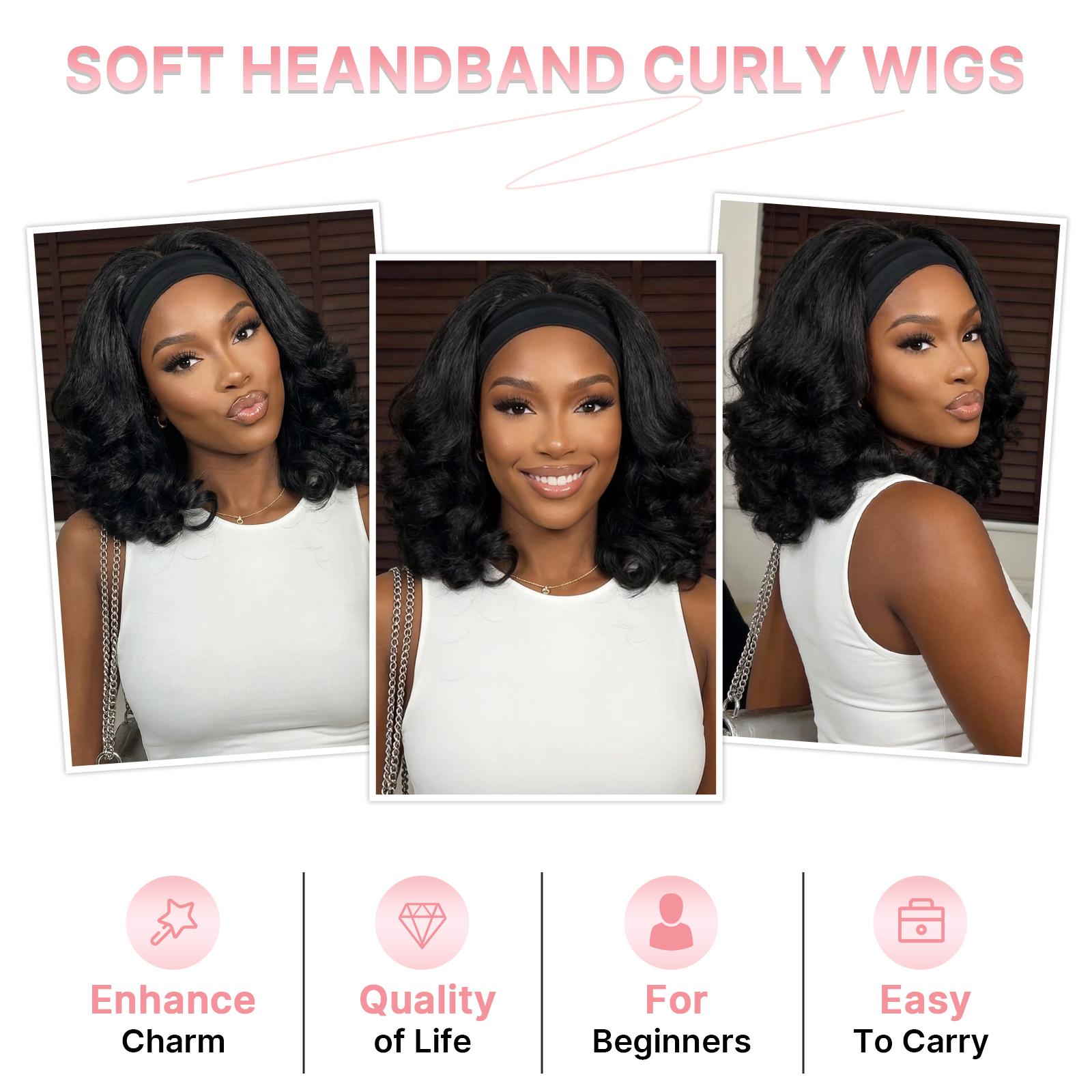 Yaki Curly Headband Wigs for Black Women - Kinky Straight Black Headband Curly Ends Synthetic Wear and Go Glueless Half Wig with Headbands Attached