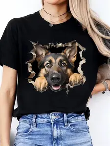 Women's Playful German Shepherd Torn Paper Graphic T-Shirt - Soft Stretch Round Neck Casual Tee, Machine Washable All-Season Comfort Fit for Casual Attire, Cute T Shirts, Relaxed Fit Tee, Nontransparent Fabric