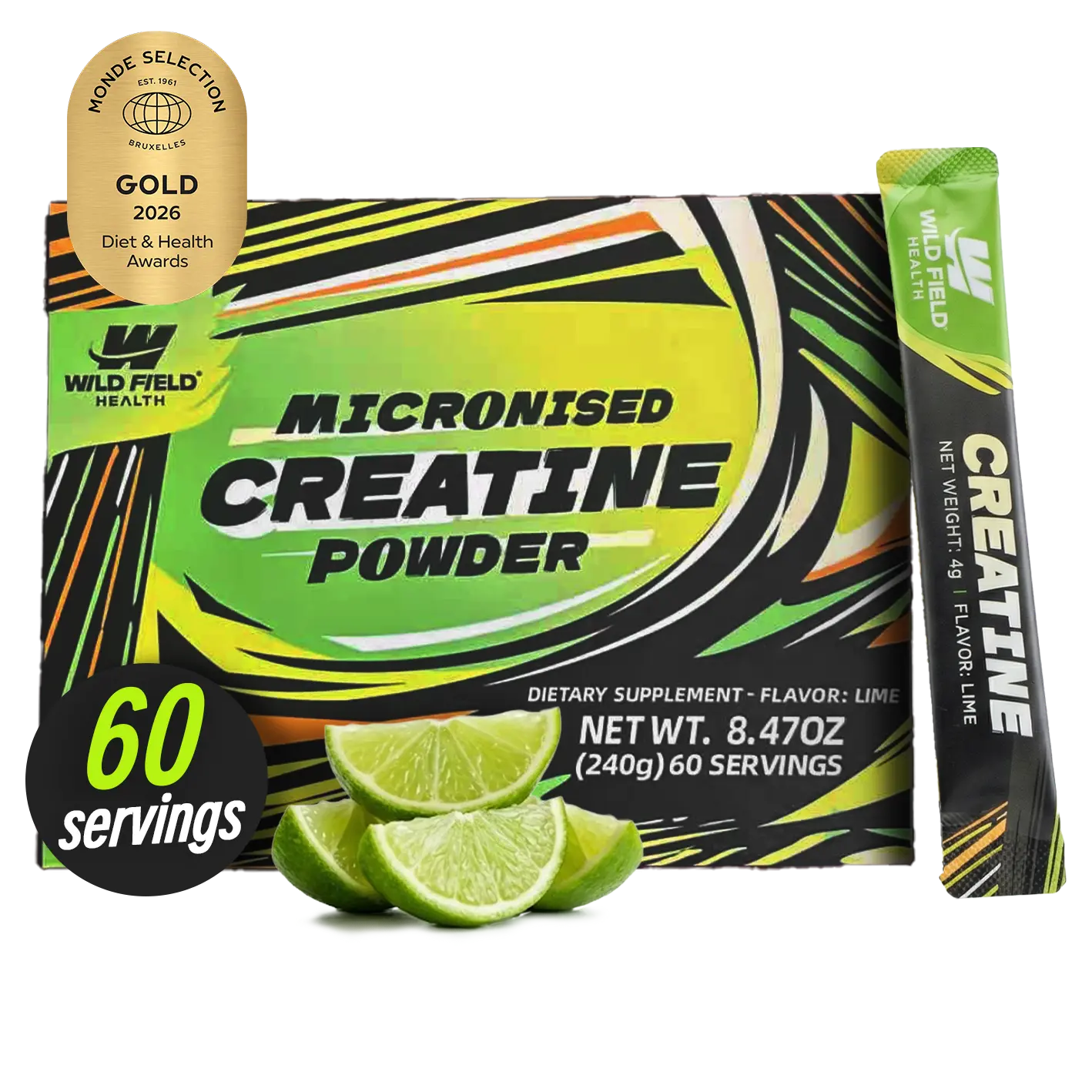 WILD FIELD HEALTH 3-in-1 Creatine Monohydrate Stickpacks -  60 Servings - 3000 mg Micronized Pure Creatine + Zinc + Magnesium - Portable On-The-Go Powder for Muscle Growth, Energy & Recovery - Lime Flavor, Fitness Supplement