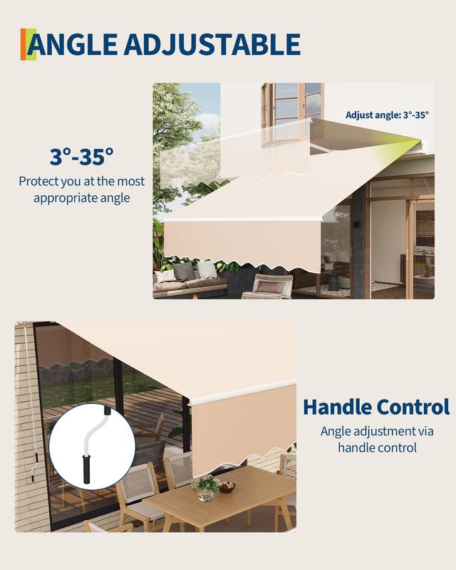 GAOMON 13 ft x10 ft Manual Retractable Awning, Waterproof Sun Shade Patio Awning, Heavy Duty Aluminum Frame, 280 g Polyester Fabric, Adjustable Roll Out Awning for House, for Deck, Porch, Beige