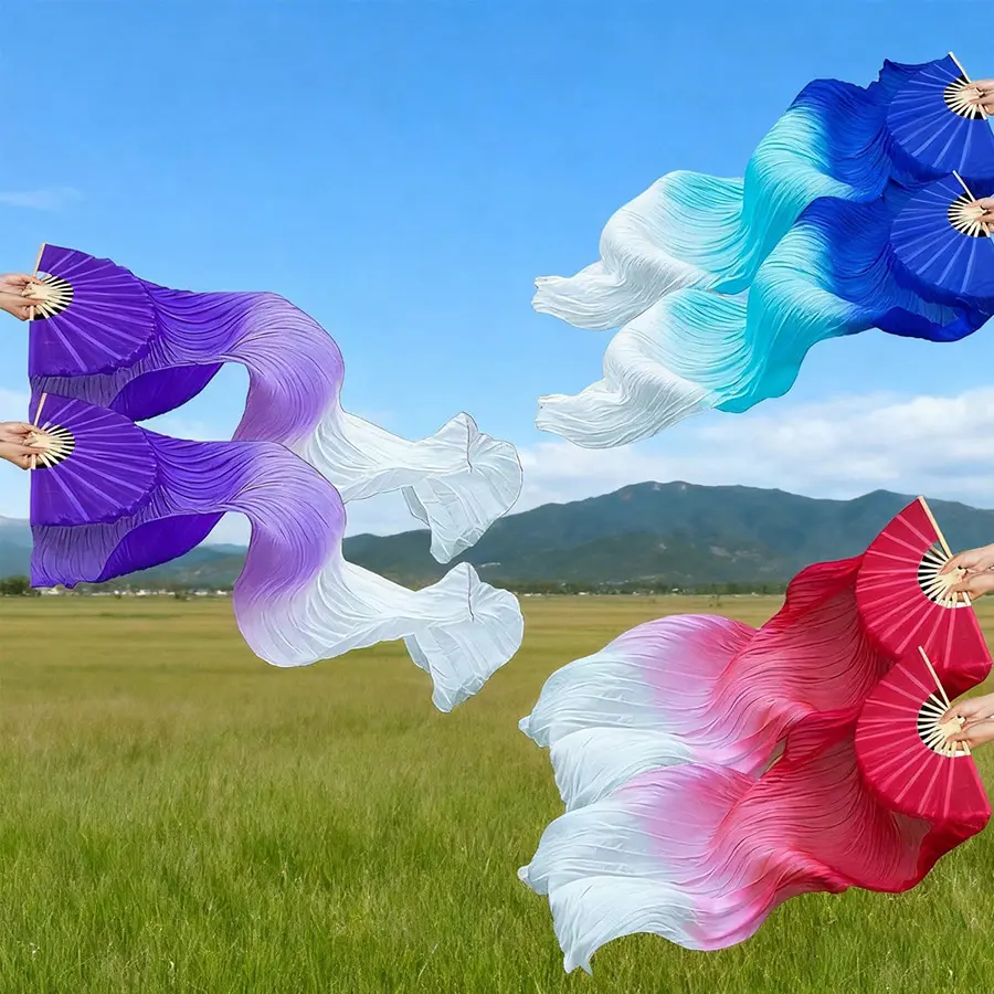 2pcs/Set 59.05 Inch/150cm Gradient Faux Silk Dance Fans, Adult Classical Style Long Silk Folding Fans, Square Dance Props