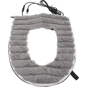 Heated Toilet Seat Cover, 43x37cm Velvet Cloth Toilet Seat Warmer, 5 Levels Temperature Control, USB Powered Washable Comfortable Toilet Seat Pad for Home Hotel Bathroom (Grey