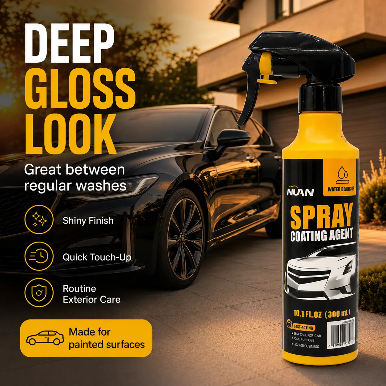 NUAN Ceramic Coating Spray for Cars – SiO2 Car Paint Coating, 3-in-1 Waterless Wash & Wax, Hydrophobic Paint Protection, High Gloss Shine, Water Beading Spray, Wax Polish Spray, pH Neutral Car Wash, Headlight Coating, Ceramic Coating Kit