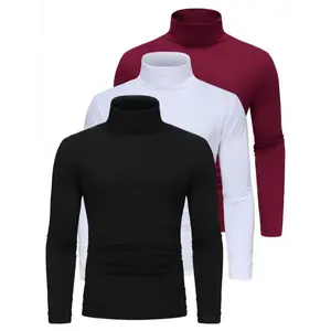 Long Sleeve Solid Color Stretch Knit 3-Pack Men's High Neck T-Shirts - Polyester Base Layer for Fall/Winter WarmthGift