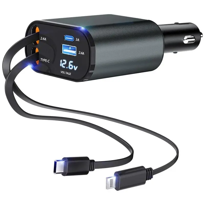 100W 4-in-1 Retractable Car USB Charger Multi Port - PD Fast Charge Quick Charge Adapter with Lightning Cable, Dual USB-C Ports, Compatible with iPhone, iPad, AirPods, Samsung, Google Pixel,back to school,back to school haul