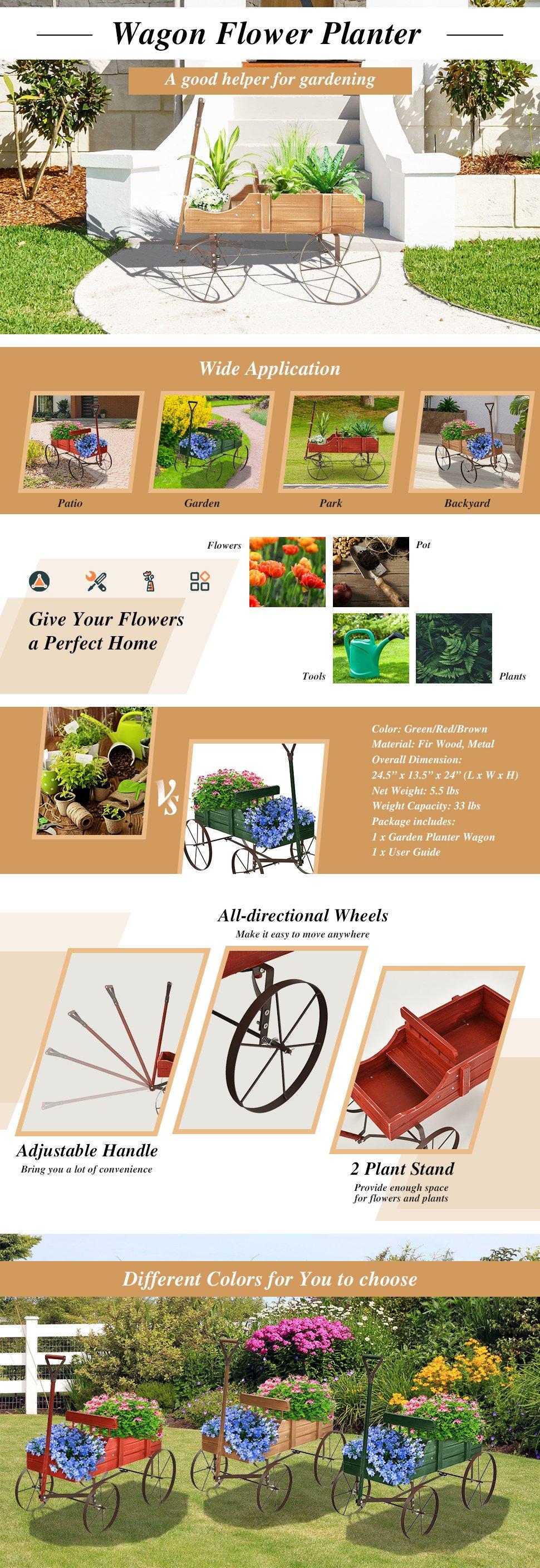 Costway- Wagon Planter, Decorative Wooden Garden Planter with Wheels, 2 Planting Sections and Adjustable Handle, Indoor Outdoor Backyard Balcony Decor-Springtok Costway- Wagon Planter, Decorative Wooden Garden Planter with Wheels, 2 Planting Sections and Adjustable Handle, Indoor Outdoor Backyard Balcony Decor-Springtok