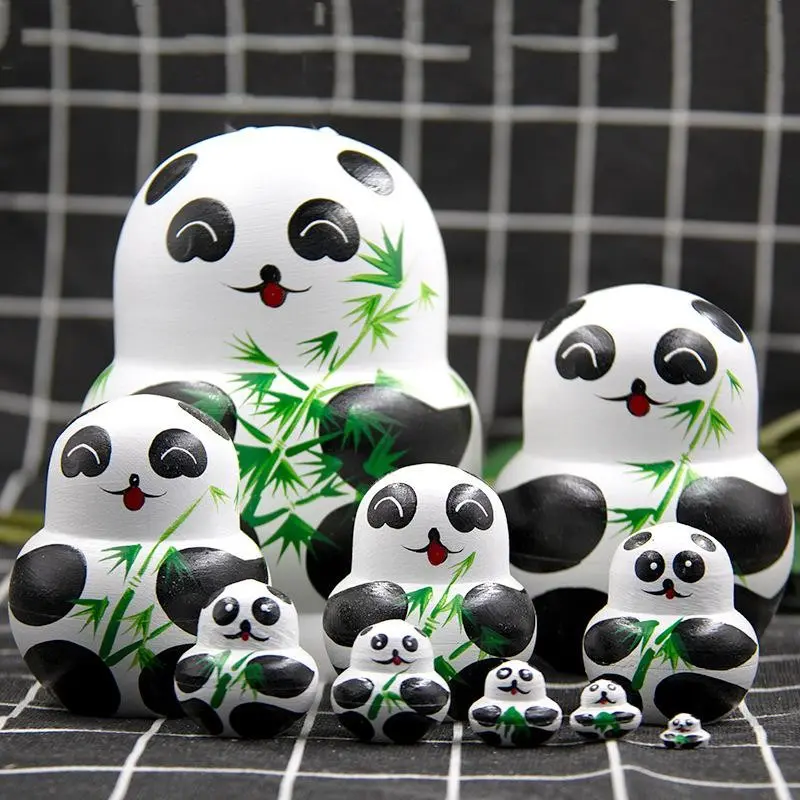 Adorable Panda and Bamboo Handmade Wooden Russian Nesting Doll Set, Animals, 10 Pieces Kids Toy Home Decor, Matryoshka Dolls Collection, Handcrafted