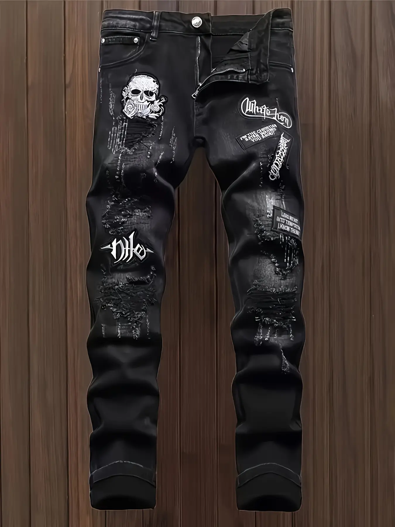 New Ripped Straight Leg Jeans for Men, Pants, Biker Jeans, Graphic Jeans, Trendy Distressed Print Denim Jeans, Streetwear, Casual Fashion for All Seasons, Comfortable Fit