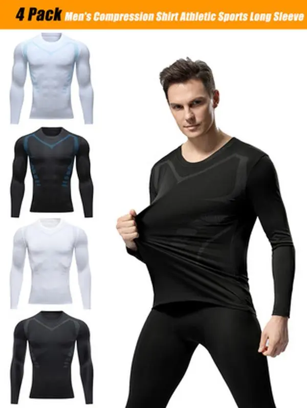4-Pack Men's Long-Sleeve Compression Fitness Tops, Athletic Long-Sleeve Base Layer, Quick-Drying and Breathable Running Shirts, suitable for outdoor sports/indoor