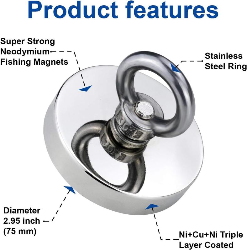 350lbs Strong Neodymium Fishing Magnet with Rope - Heavy Duty Magnetic Fishing Kit, Rare Earth Magnet with Eyebolt for Retrieving in River, Lake & Beach, Underwater Search & Recovery Tool
