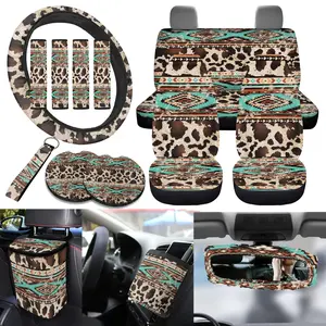 Car Seat Cover Set for Women, 15pcs Auto Western Cow Print Interior Accessories for SUV Van Truck Protector,  Steering Wheel Protector Seatbelt Pads Keychain Coasters Garbage Bag
